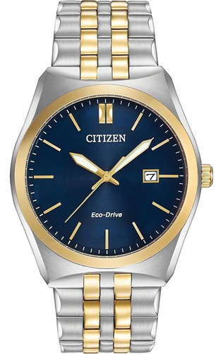 Reloj Citizen Bm733458l Hombre Eco Drive Acero Inox Azul Malla Plateado Bisel Dorado