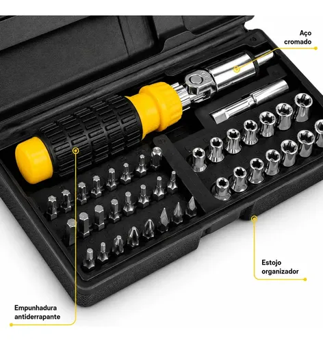 Jogo Soquetes e Bits 41 Peças 1/4 Titanium Catraca Reversível