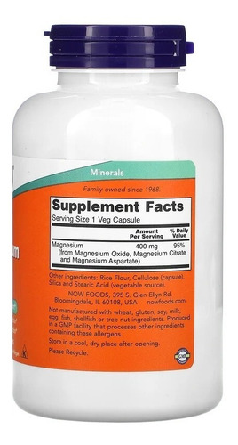 Imagen 2 de 4 de Now Foods Magnesio 400mg 180 Vegcaps Producción Energía
