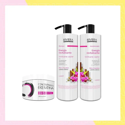 Shampoo Sin Sal Riviera Miel y Orquídeas Para Cabellos Débiles 1L + Acondicionador Sin Sal 1L + Keratina Riviera Ka 350gr