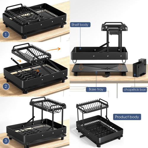 Escurridor De Platos Plegable Acero Inoxidable 304 2 Niveles Estante Para Platos Negro