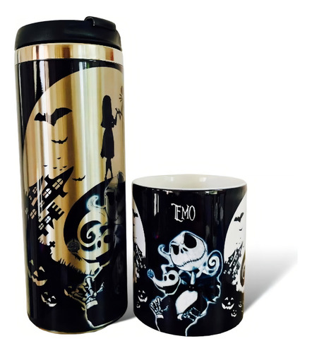 Termo + Taza Jack Y Sally Personalizados Color Negro