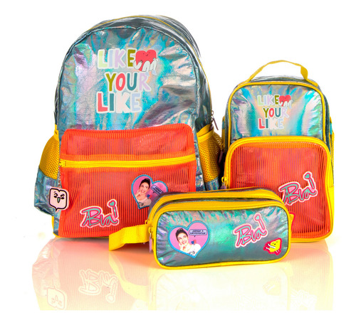 Set Mochila Bía Iridiscente Con Textura Combo 3 Piezas Color Azul claro