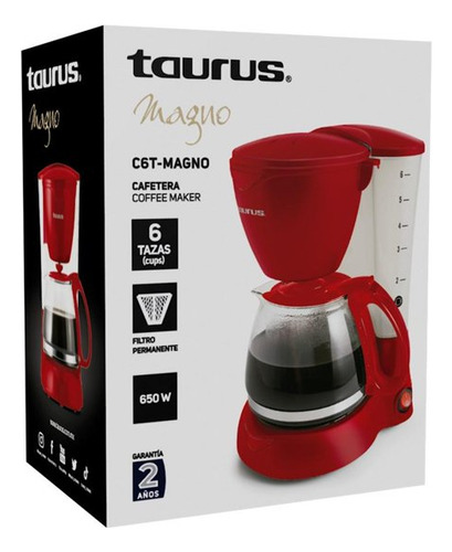 Cafetera Taurus De Goteo Con Filtro Reusable 6 Tazas Roja