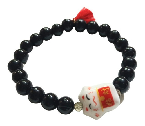 Pulsera De Onix Con Gato De La Suerte