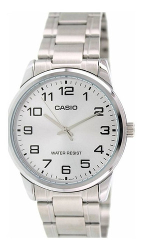 Reloj pulsera Casio Enticer MTP-V001 de cuerpo color plateado, analógico, para hombre, fondo plateado, con correa de acero inoxidable color plateado, agujas color plateado, dial negro, minutero/segundero negro, bisel color plateado y desplegable