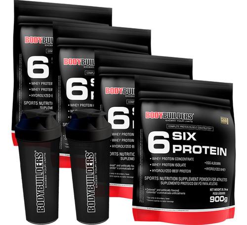 4x 6 Six Protein Refil 900g + Ganhe 2x Coqueteleiras Sabor Baunilha