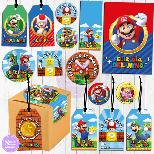 Kit Imprimible Día Del Niño Tags Stickers Super Mario Bros
