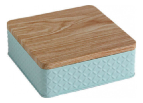 Lata De Diseño Tapa Simil Madera Cuadrada Celeste 17x17x6cm