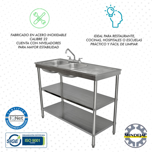 Fregadero Doble Acero Inoxidable Izquierdo 2 Entrepaños Color Metalico