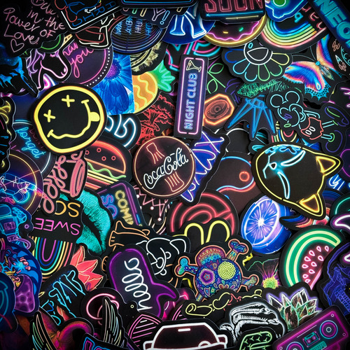 Kit 100 Adesivos Neon Fluorescente Caveira Placas Rock Cores