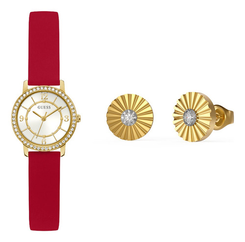Reloj Para Mujer Marca Guess Color Blanco Embleme Correa Rojo Bisel Dorado Fondo Dorado