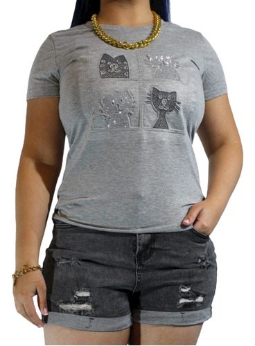 Polera Mujer Algodón Diseños Glitter Gatitos