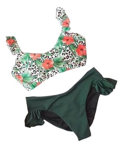 Traje De Baño Verde Olanes Flores Top Almohadillas Girlboss