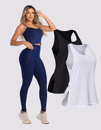 Roupa Fitness Feminina Legging Top Com Regatão Treino Azul-marinho Gg