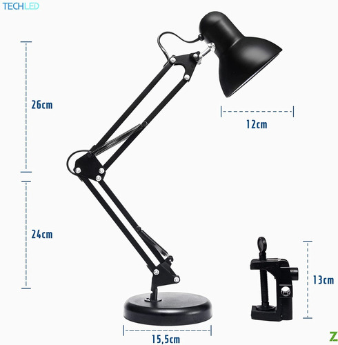 Luminária De Escrivaninha Com Ajuste Base E Garra Articulada Cor da cúpula Preto Cor da estrutura Preto