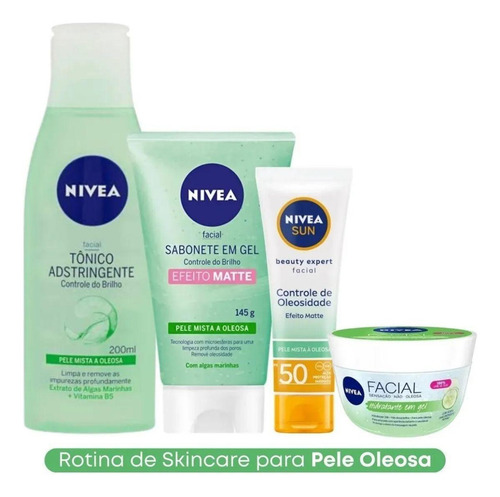 Kit Skincare Nivea Sab + Tônico + Hidr Gel + Filtro Solar 50