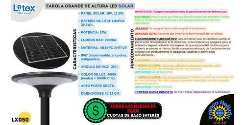 Farola De Altura Solar Automatica Jardin Patio Campo Parques