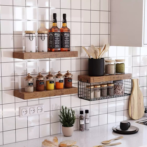 Repisas Flotantes De Madera Modernas Kit X3 Marrón