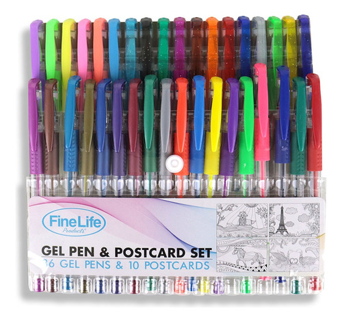 Bolígrafos De Gel 36 Piezas + 10 Tarjetas Para Colorear