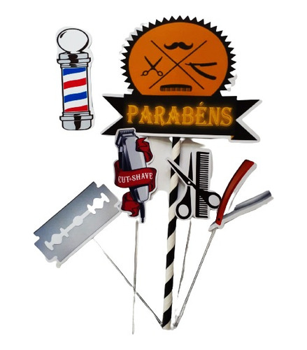 Kit Topo De Bolo Parabéns Barbearia Barbeiro C/6pçs