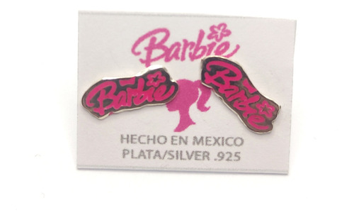 Aretes Broquel Barbie Name Log Rosa Joyería Fina Plata .925