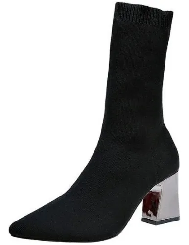 comprar Botas Elásticas Negras De Tacón Grueso, Botas De Tacón Alto