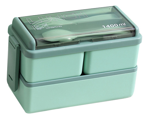 Bento Box De Dos Capas, Color Verde, Con Separador, De Plást