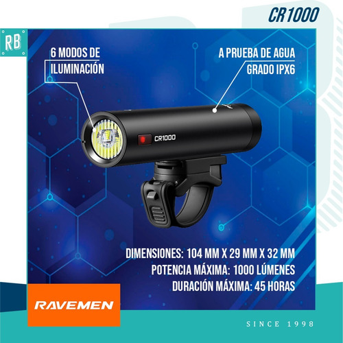 Imagen 2 de 10 de Luz Delantera Bicicleta Ravemen Cr-1000 1000 Lm Usb Led