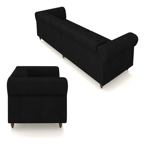 Conjunto Chesterfield 2 E 3 Lugares 180/260 Couro Preto