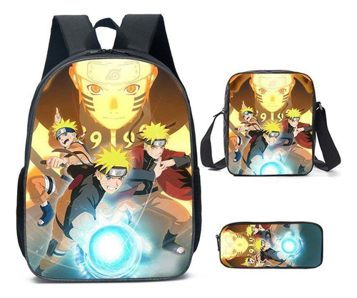 Mochila Escolar Naruto Uzumaki De 3 Piezas Con Estuche For Lápices 220