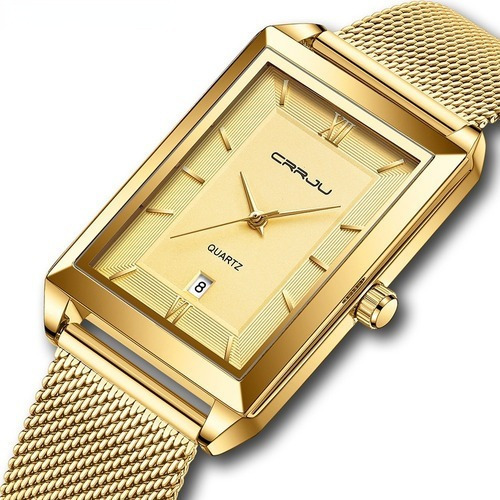 Relógio de pulso Crrju 2197 com corpo dourado,  analogica, para masculino, fundo  dourado, com correia de aço inoxidável cor e fivela de liberação