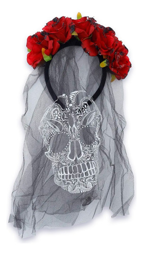Vincha Catrina Con Velo Y Flores Calaca Cotillon Halloween Rojo Y Negro