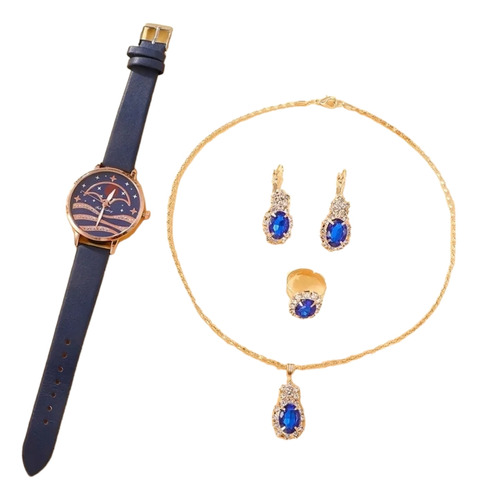 Conjunto Bisutería Similar A Alto Diseño Azul + Reloj 