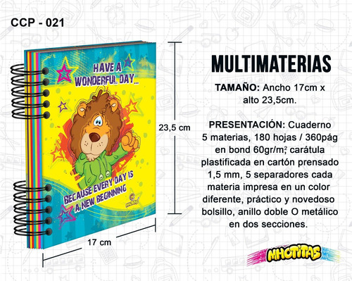 Cuaderno 5 Materias, 180 Hojas, Tamaño 23,5 X 17