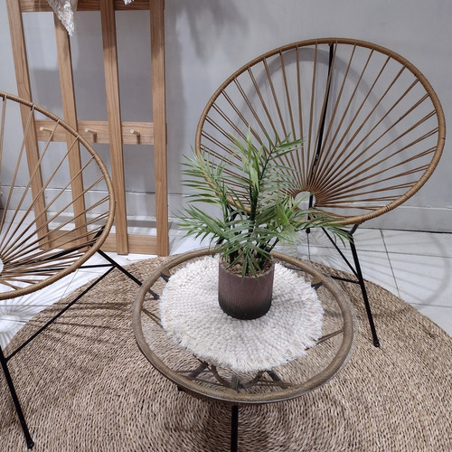 Mesa Acapulco Con Vidrio Simil Yute Reforzada Redonda Deco Color Marrón