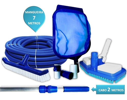 Kit Para Limpeza De Piscinas Com Cabo De 2 Mts Aspirador Mangueira De 7 Mts Peneira