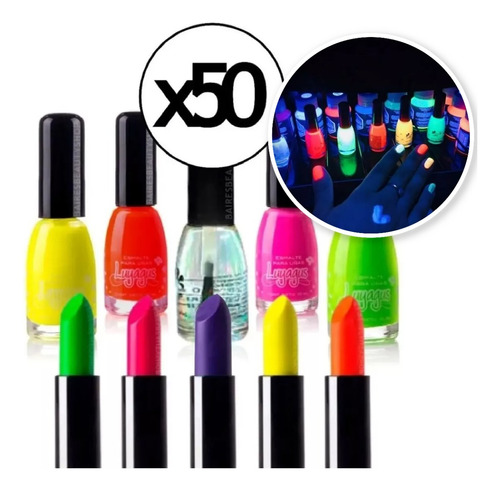 Kit Fluo Esmaltes Brillan Con Luz Negra + Labiales Neón X50