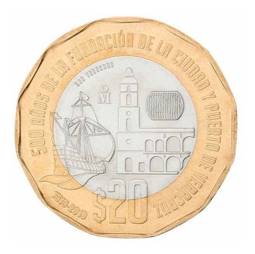 Moneda De 20 Pesos Conmemorativa De Los 500 Años De Veracruz Color Dorado