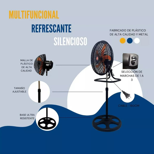 Waroom 3 Velocidades Altura Ajustable Ventilador 3 En 1 18 Pulgadas Pedestal 5 Aspas Naranja