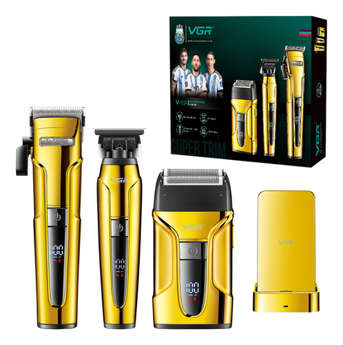 Kit profissional de aparador de cabelo sem fio e barbeador com base dourada Vgr V-694 3 em 1