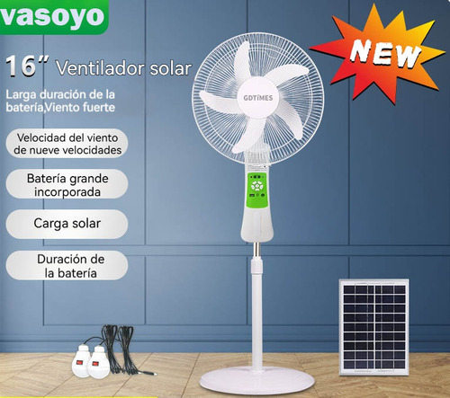 Ventilador Solar Silencioso Recargable Con Luz Led Y Control Remoto 9 Velocidades Ajustables, Giratorio, Temporizador -para Oficina Hogar Y Camping