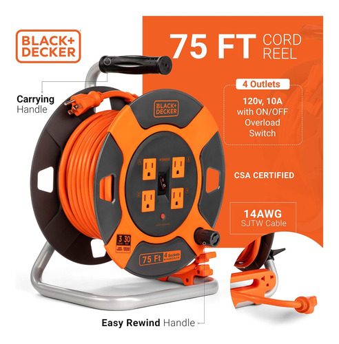 Black+decker Retractable Extension Cord Reel 75 Ft Con 4 De