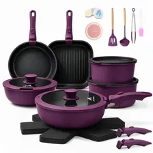 POWCAN Juego De Ollas Y Sartenes 25 Piezas Batería De Cocina Antiadherente con Asa Extraíble