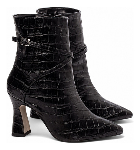 Bota Feminina Croco Bico Fino Cano Médio Salto Ziper Fivela