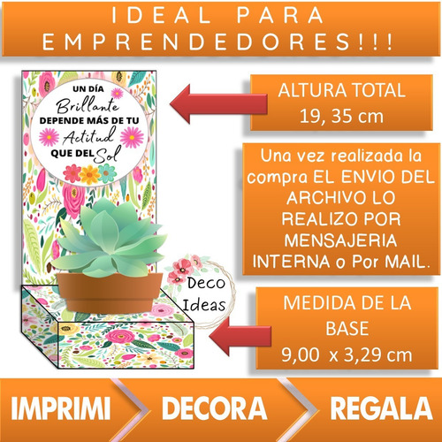 Imagen 2 de 4 de Kit Imprimible 007 Caja Portamaceta Frase + Tag Emprendedor