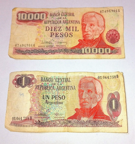Billetes Antiguos De 1 Peso M. Nac. Y $ 10.000 (san Martín) (Usado)