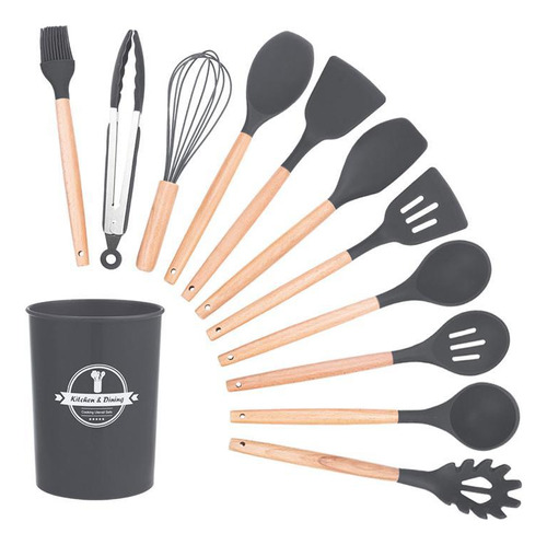 Kit 12 Utensílios Cozinha Silicone Cabo Madeira - Cinza