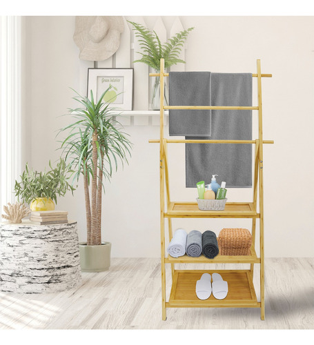 Toallero Mueble Organizador De Bambú Para Baño Color Amarillo Pálido