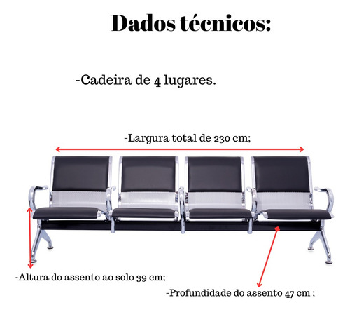 Cadeira Longarina Cromada Com Estofado 4 Lugares Aeroporto